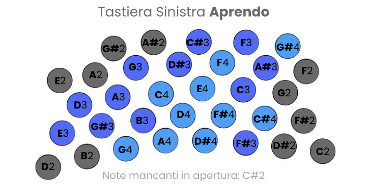 Schema delle note del bandoneon 142, tastiera sinistra in apertura.