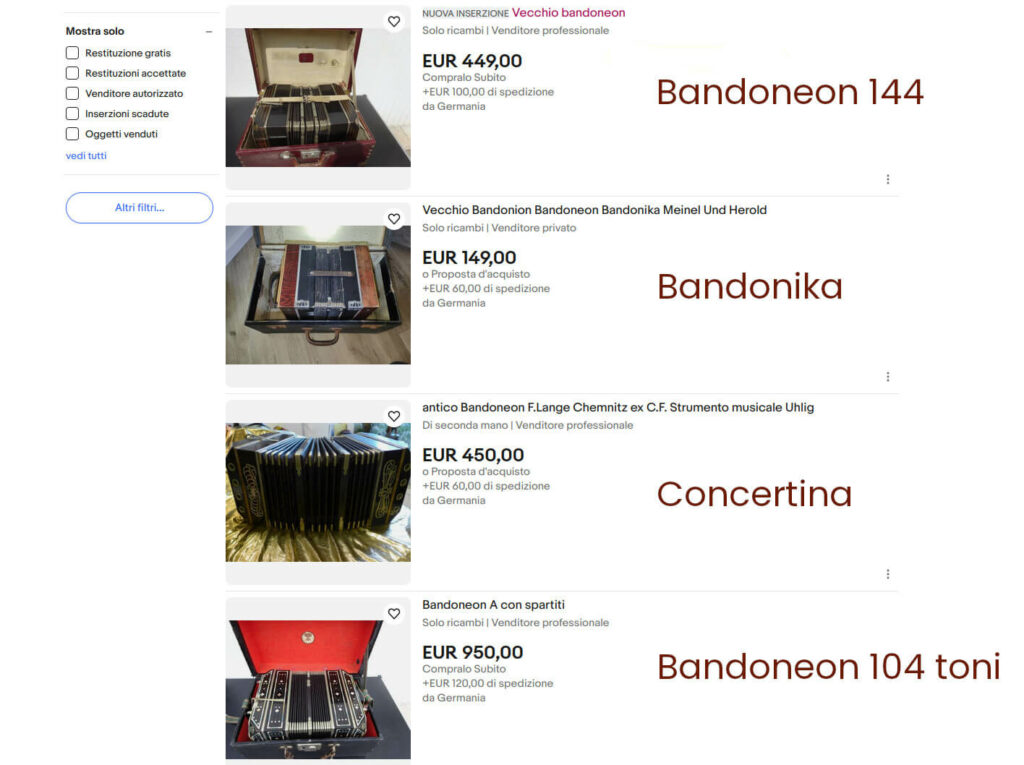 Risultati ricerca di bandoneón in un noto marketplace. I prezzi sono interessanti, ma nessuno di questi è un bandoneón 142.
