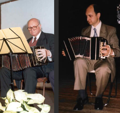 Composizione di immagini: a sinistra il maestro di bandoneon Alejandro Barletta, a destra il maestro di bandoneon Rodolfo Daluisio.