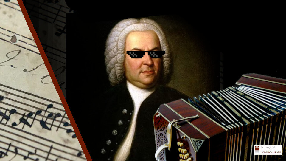 Perché studiare musica classica con il bandoneón? Composizione grafica con J.S.Bach, uno spartito e un bandoneón.