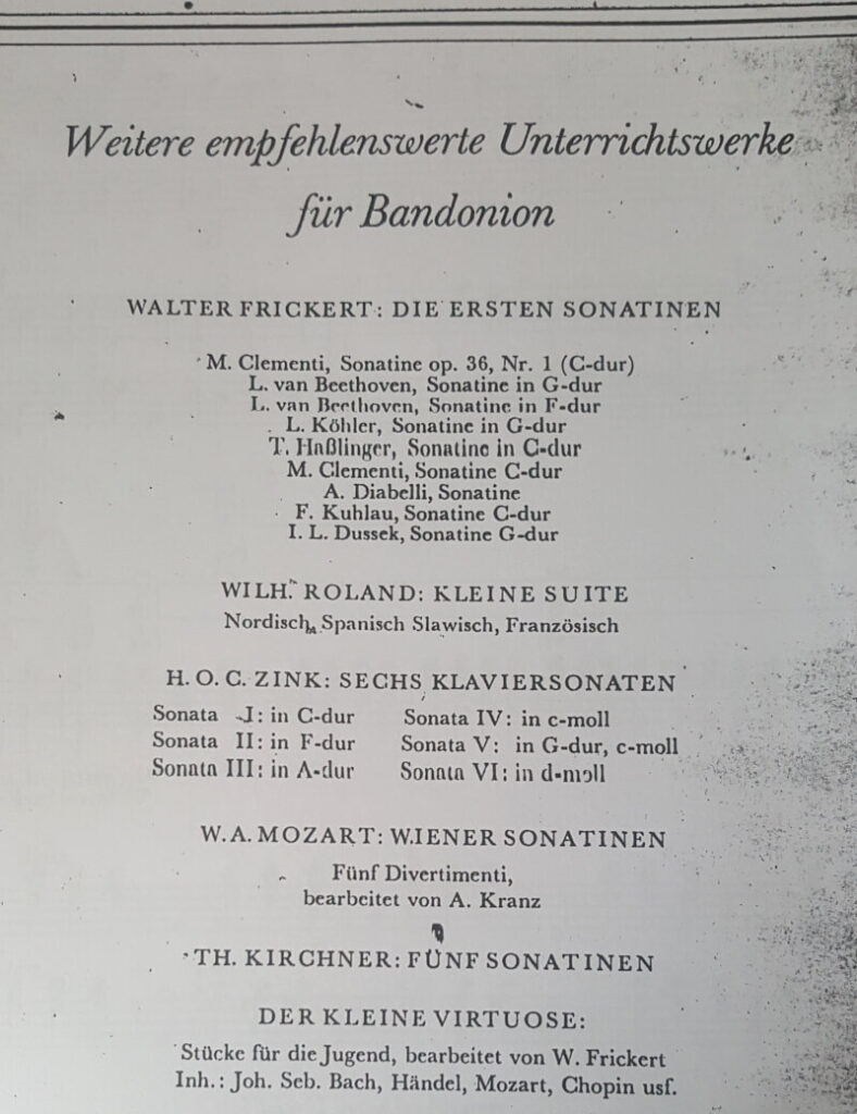 Esempio di brani classici per bandoneon pubblicati in Germania dalla Verlag negli anni Cinquanta.